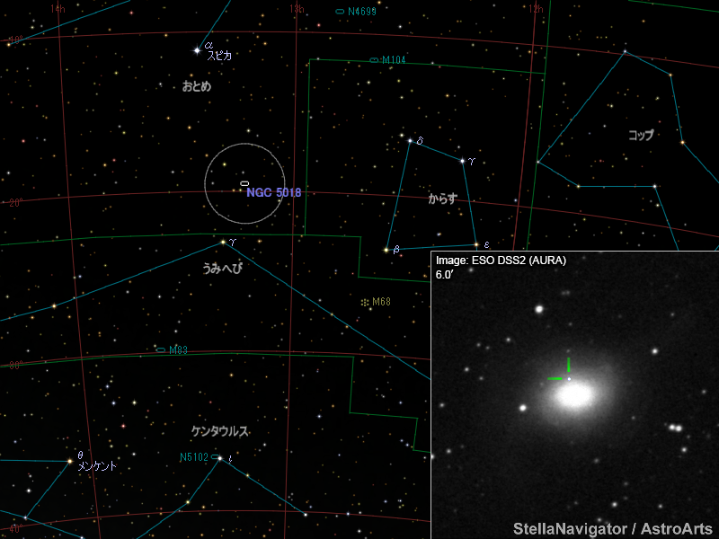 NGC 5018周辺の星図と、DSS画像に表示した超新星 NGC 5018周辺の星図と、DSS画像に表示した超新星