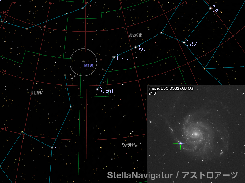 M101周辺の星図と、DSS画像に表示した超新星 M101周辺の星図と、DSS画像に表示した超新星