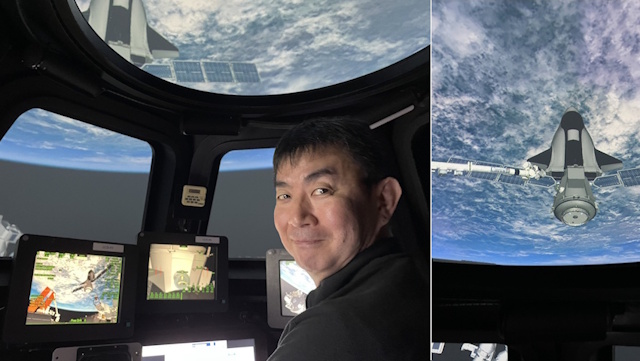 新型宇宙船「ドリームチェイサー」の把持シミュレーション訓練を行う油井さん