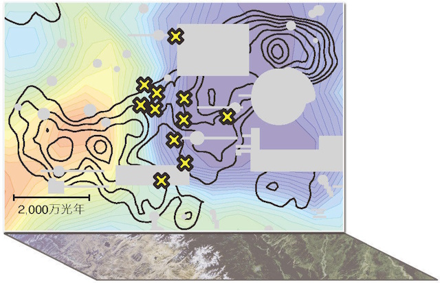 ガスの分布図とクエーサーの位置