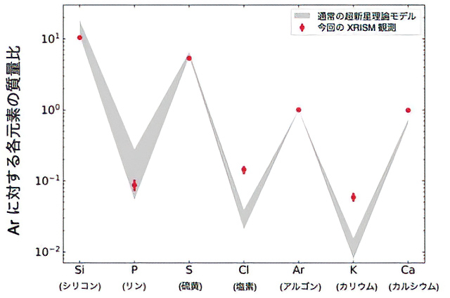 カシオペヤ座Aの元素量の測定結果と理論モデルの比較