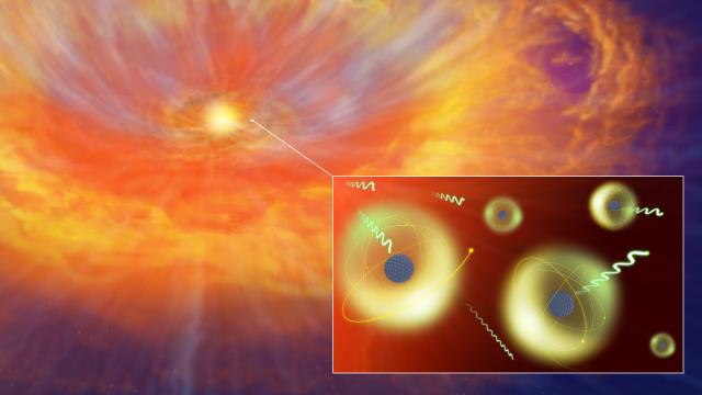 中性子星合体で放出された物質中で生成された重元素が電磁波を吸収、再放射する様子