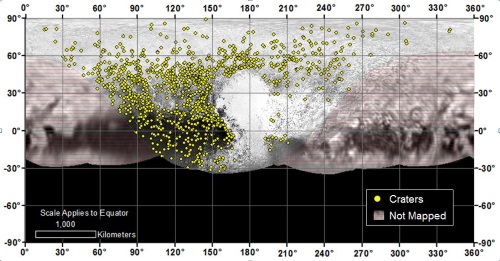 1000個以上のクレーター（黄色）の位置を示した図