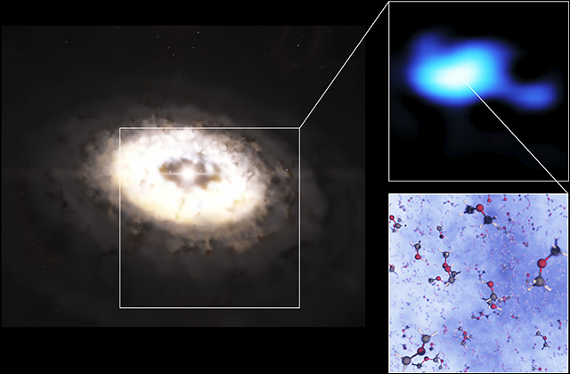 IRS 48周囲の原始惑星系円のイラストとジメチルエーテル分子の放射