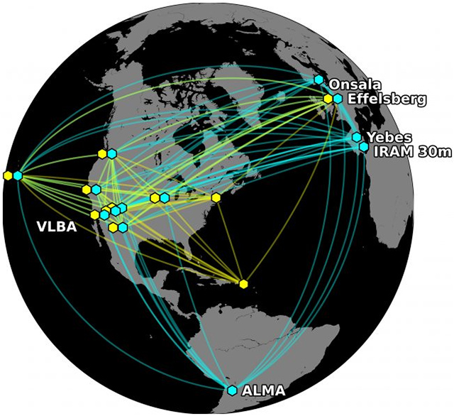 今回の観測で使用されたVLBI観測網のイラスト