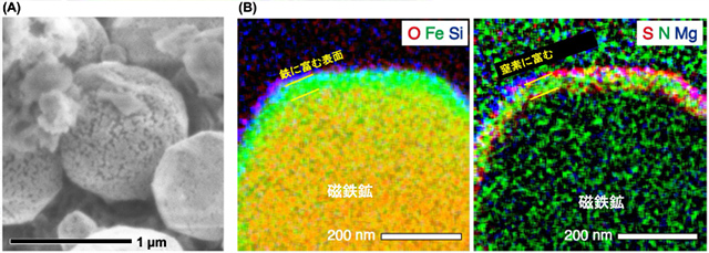 リュウグウの試料に含まれる磁鉄鉱粒子とその断面の電子顕微鏡画像