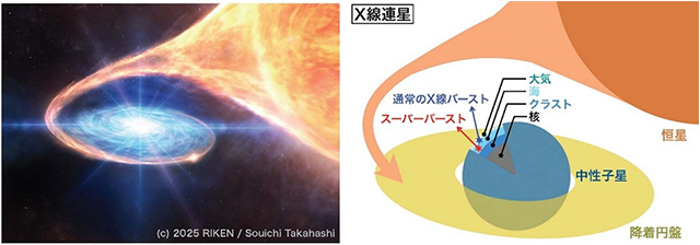 中性子星の表面で発生するスーパーバーストの想像図と模式図