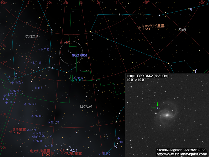 NGC 6951周辺の星図と、DSS画像に表示した超新星 NGC 6951周辺の星図と、DSS画像に表示した超新星