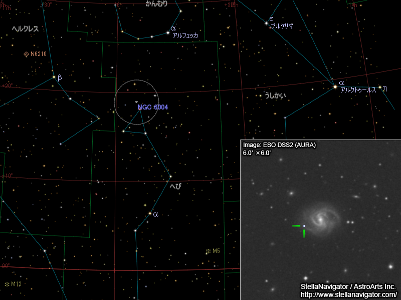 NGC 6004周辺の星図と、DSS画像に表示した超新星 NGC 6004周辺の星図と、DSS画像に表示した超新星
