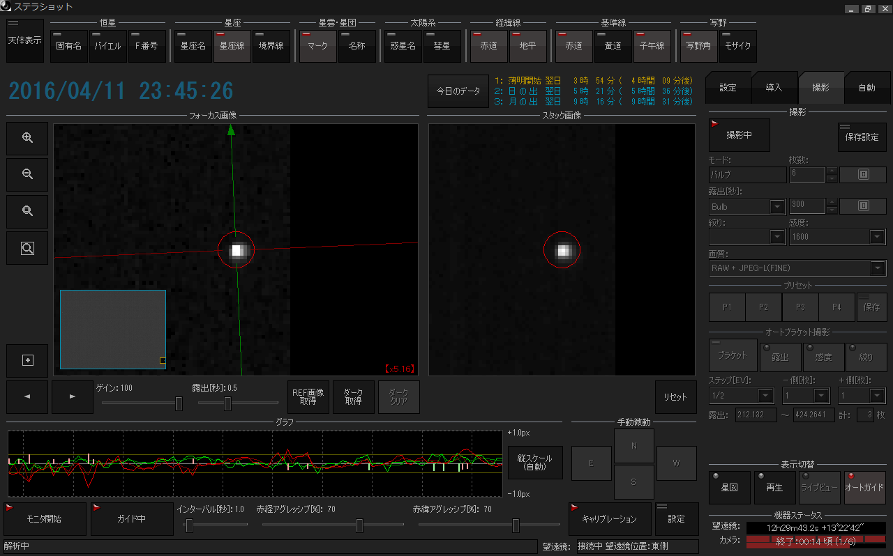 オートガイド撮影中にガイド星の一つを拡大表示した画面 オートガイド撮影中にガイド星の一つを拡大表示した画面