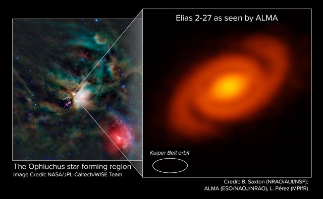 へびつかい座の星形成領域、(右)Elias 2-27 へびつかい座の星形成領域、(右)Elias 2-27