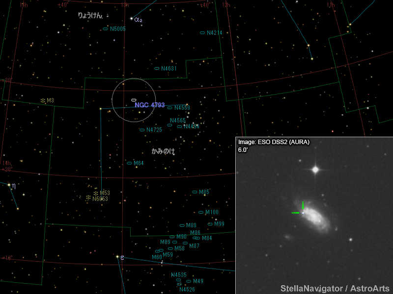 かみのけ座の銀河周辺の星図と、DSS画像に表示した超新星 かみのけ座の銀河周辺の星図と、DSS画像に表示した超新星