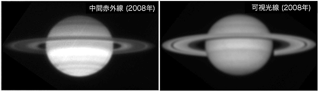 中間赤外線像（左）と可視光線像（右）の比較