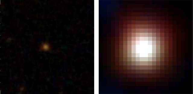 DOGの一つ「WISE1029」の可視光線画像と赤外線画像 DOGの一つ「WISE1029」の可視光線画像と赤外線画像