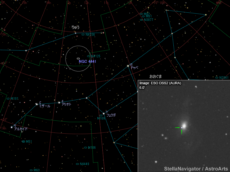 NGC 4441周辺の星図と、DSS画像に表示した超新星 NGC 4441周辺の星図と、DSS画像に表示した超新星
