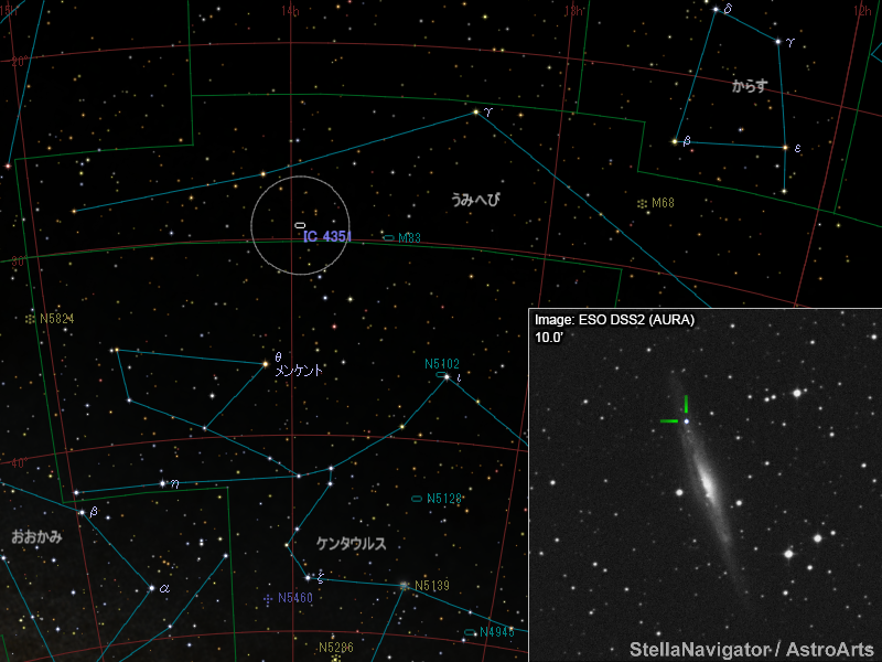 IC 4351周辺の星図と、DSS画像に表示した超新星 IC 4351周辺の星図と、DSS画像に表示した超新星
