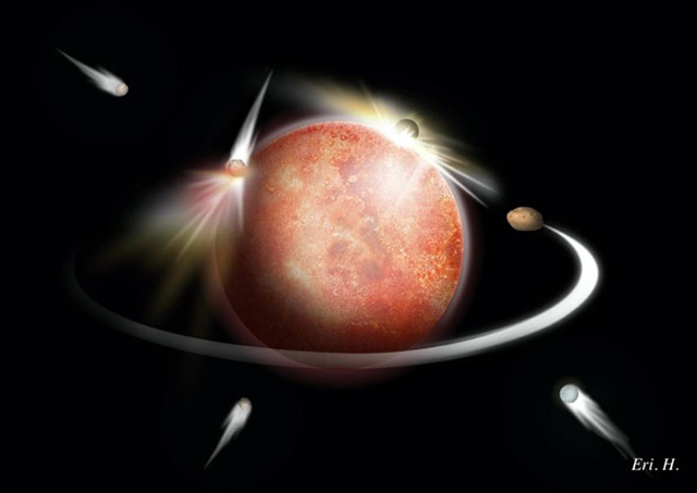 火星への小天体衝突と破片がフォボスへ輸送される過程のイメージ図 火星への小天体衝突と破片がフォボスへ輸送される過程のイメージ図