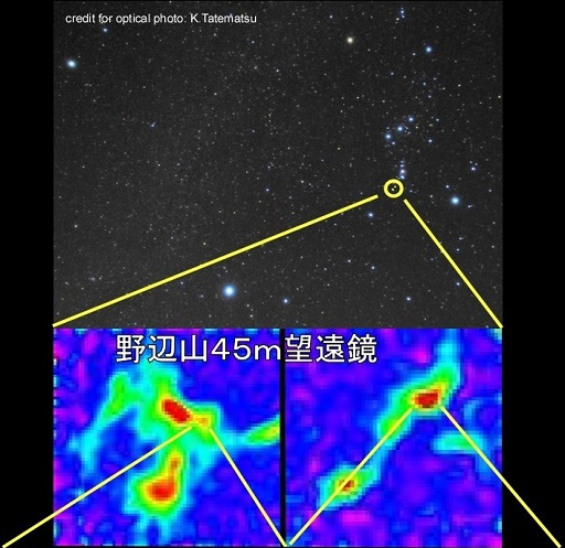 オリオン座、分子雲コアにおける水素を含む分子分布 オリオン座、分子雲コアにおける水素を含む分子分布