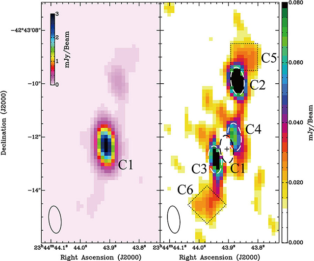 ほうおう座銀河団の中心で観測された電波ジェットの強度 ほうおう座銀河団の中心で観測された電波ジェットの強度