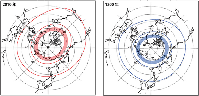 2010年と1200年のオーロラ帯の位置 2010年と1200年のオーロラ帯の位置