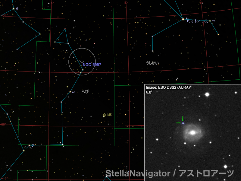 NGC 3277周辺の星図と、DSS画像に表示した超新星 NGC 5957周辺の星図と、DSS画像に表示した超新星