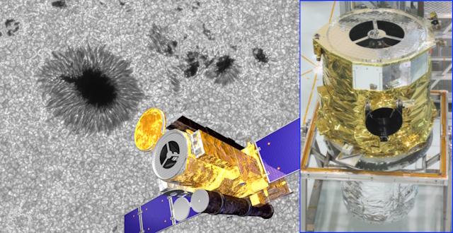 太陽観測衛星「ひので」のイラストと可視光太陽望遠鏡の写真