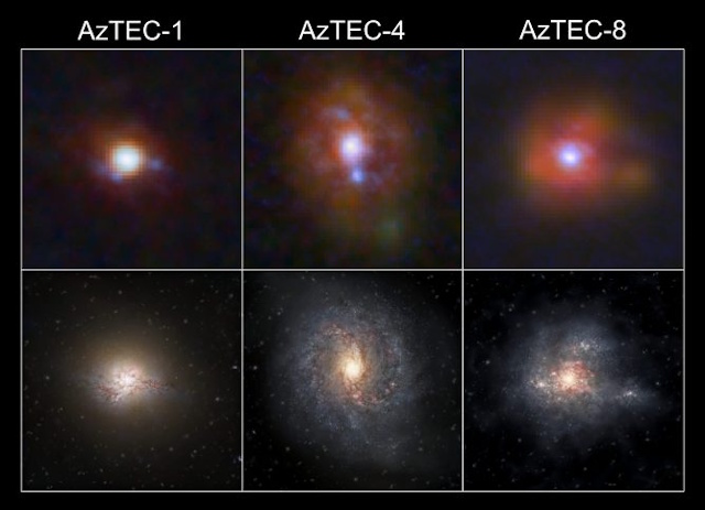 3つのモンスター銀河の観測画像とイメージ図 3つのモンスター銀河の観測画像とイメージ図