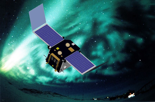 オーロラを観測する「れいめい」の想像図