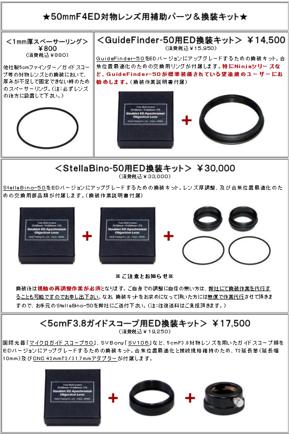 50mmF4ED対物レンズ用補助パーツ＆換装キット3種