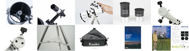 大口径90mm、6倍のファインダー、フリーストップ式、接眼レンズ2本、微動ハンドル、アリ溝形式、ステンレス製三脚、パーツポーチ、天体ガイドブック