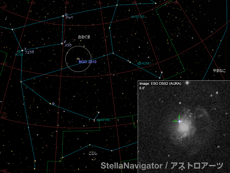 NGC 3310周辺の星図と、DSS画像に表示した超新星 NGC 3310周辺の星図と、DSS画像に表示した超新星