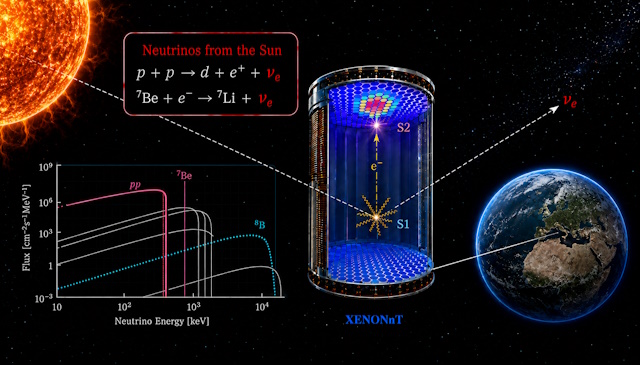 太陽で生成されたニュートリノがXENONnT検出器内で電子と散乱する様子の概念図 太陽で生成されたニュートリノがXENONnT検出器内で電子と散乱する様子の概念図